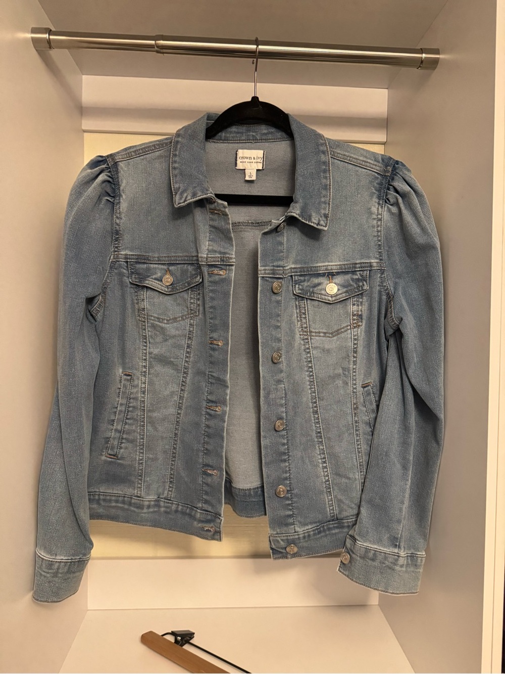 crown & ivy Light Blue Jean Jacket with Puff Shoulders